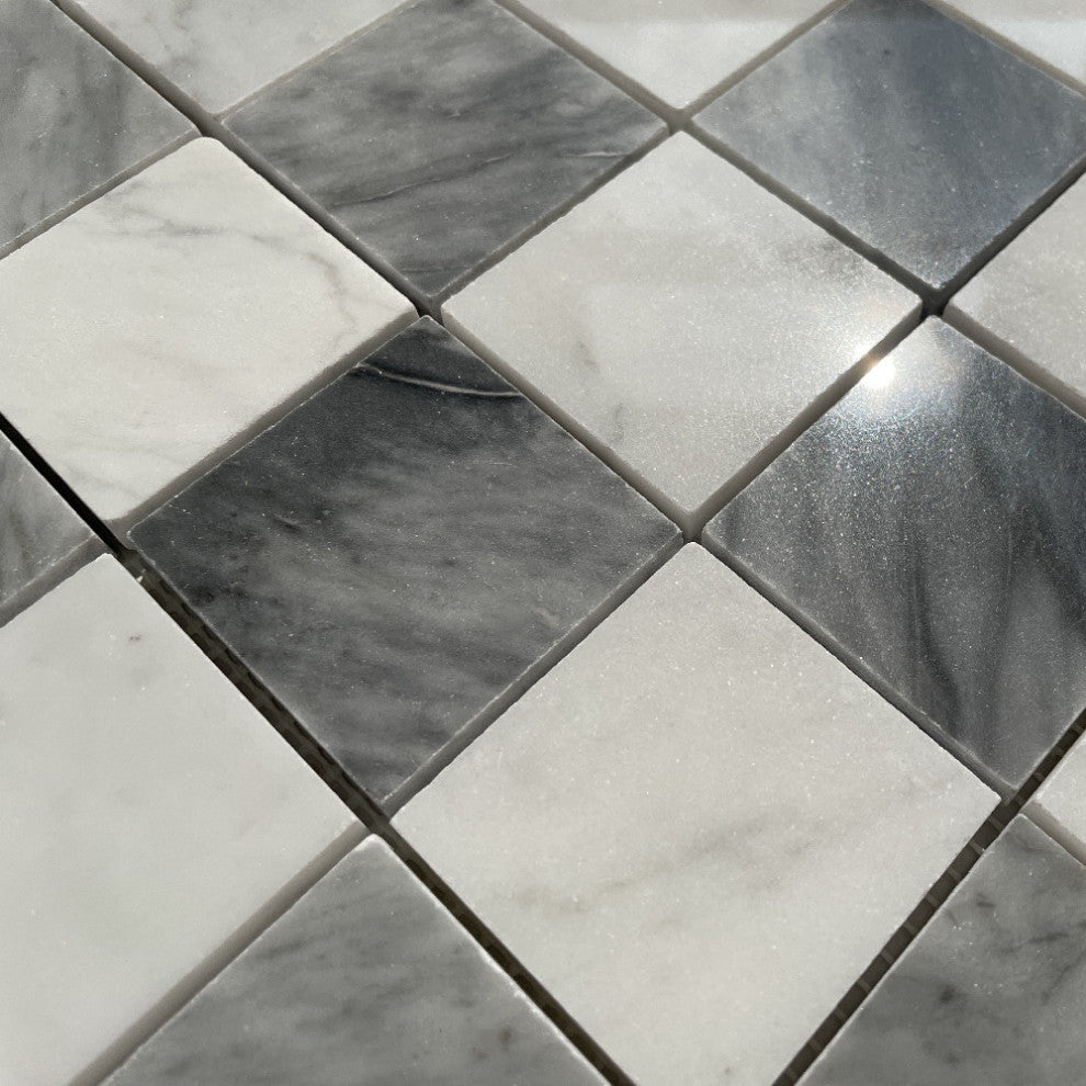 Carrara White Bardiglio Gray Marble Checkerboard Mosaic Tile Polished, 1 sheet