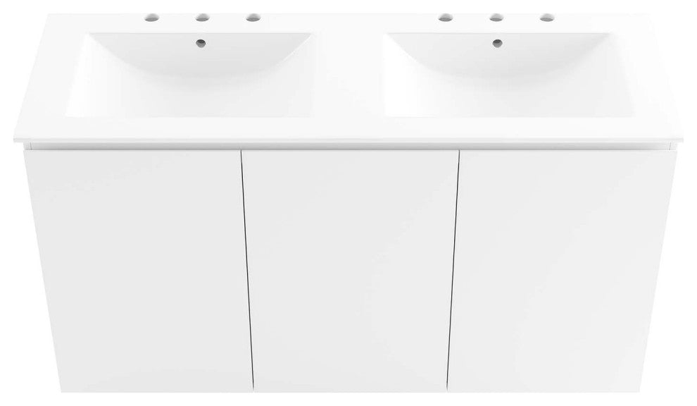 Double Sink Vanity Cabinet, Wall Mount, White, Ceramic, Modern, Hotel Bathroom