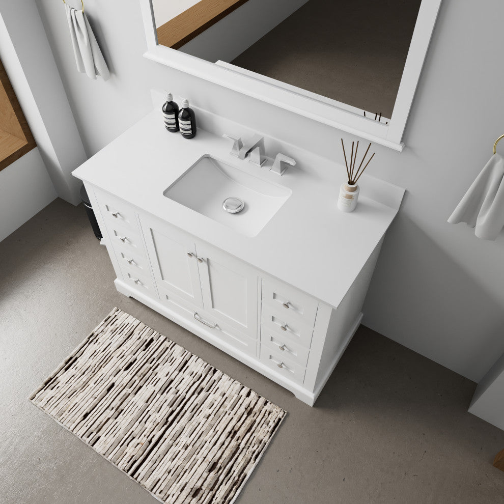 Dukes 48" White Single Square Sink Vanity with Quartz Top, With Mirror and Fauce