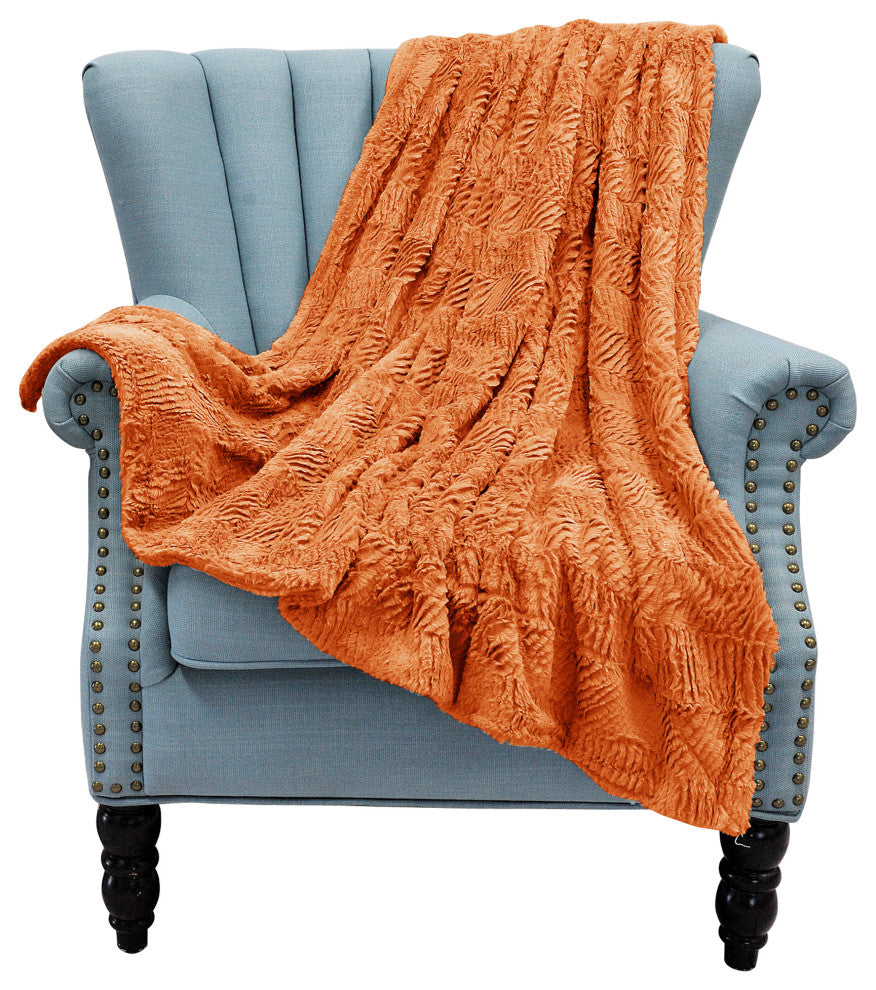 Herringbone Jumbo Over-Size Faux Fur Throw Blanket, Burnt Orange, 60"x80"