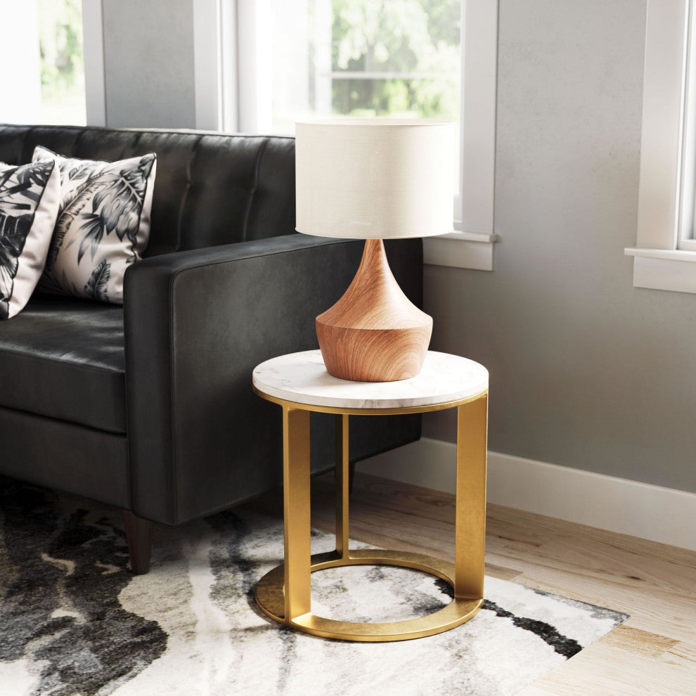 Sofa Side Table, Round, Artificial Marble, Aluminum Metal, White, Gold, Lounge
