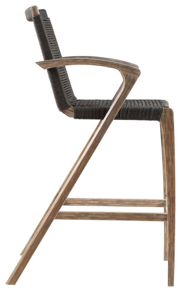 Brielle Outdoor Light Eucalyptus Wood and Charcoal Rope Counter Height Stool