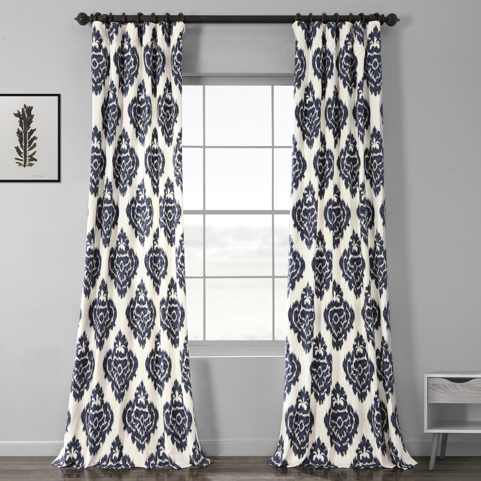 Ikat Blue Printed Cotton Curtain Single Panel, 50"x120"
