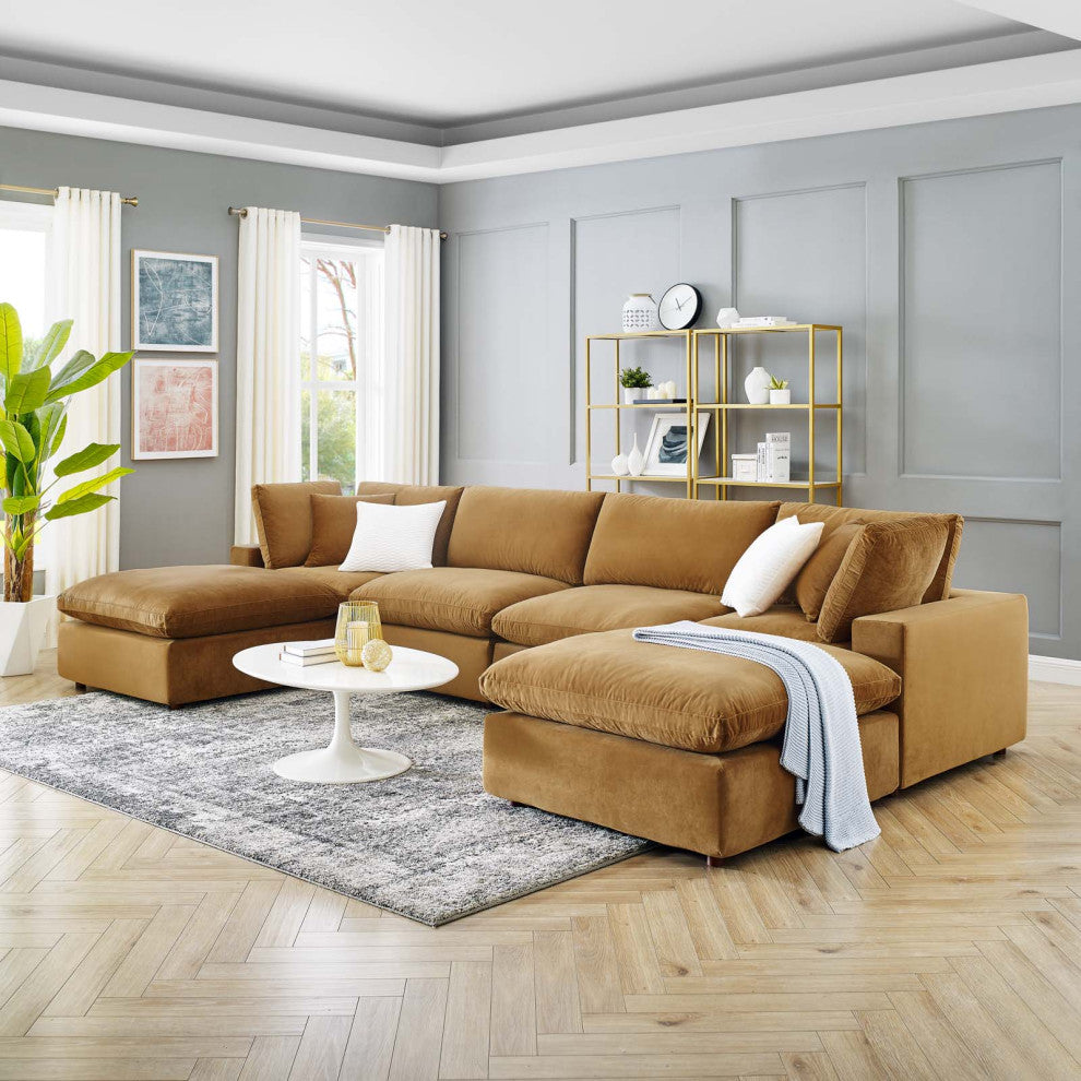 Commix Down Filled Overstuffed Performance Velvet 6Piece Sectional Sofa-Cognac