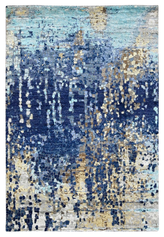 Millennium Blue Modern Mosaic Design Wool and Silk Hand Knotted Rug 4'x5'11"