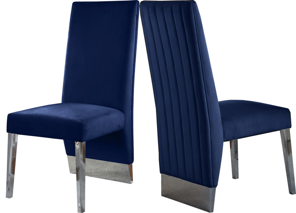 Porsha Dining Chair, Set of 2, Navy Velvet, Chrome Legs