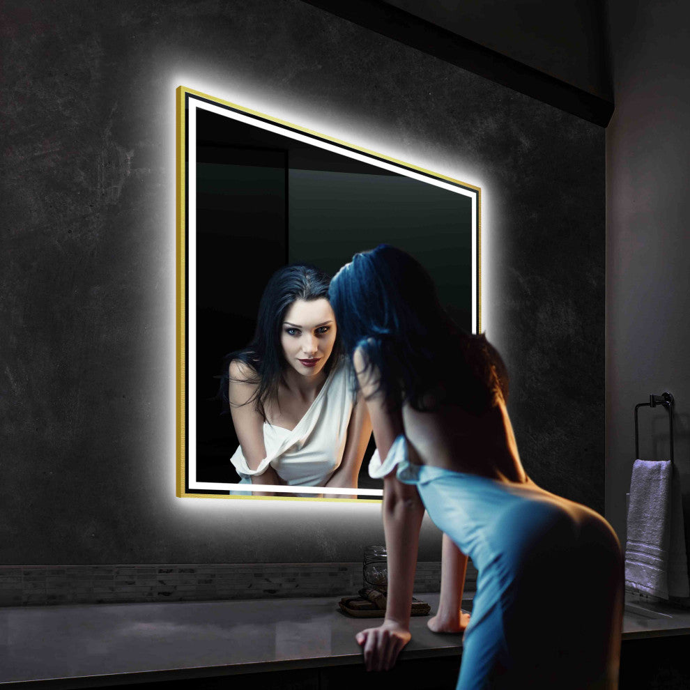 Fogless, Dimmable, Color Temperature Adjustable LED Mirror, Brush Gold, 36x36