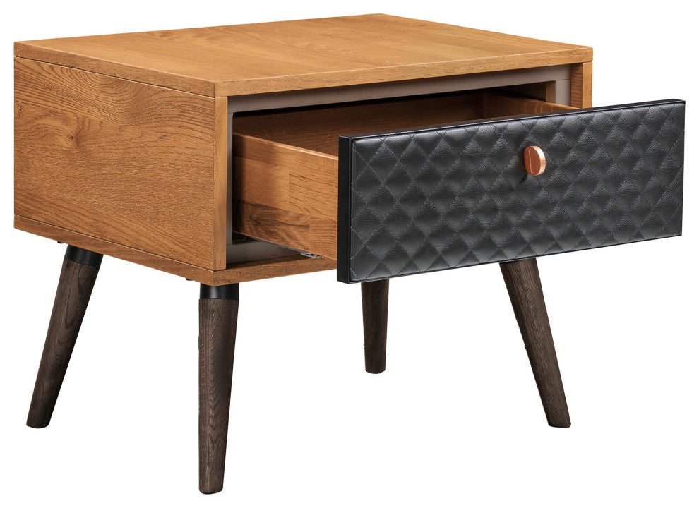 Coco Rustic Single Drawer Oak Wood and Faux Leather Nightstand
