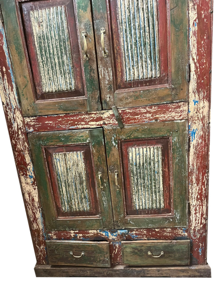 Consigned Antique Accent Cabinet Carved Distressed Green Red Armoire