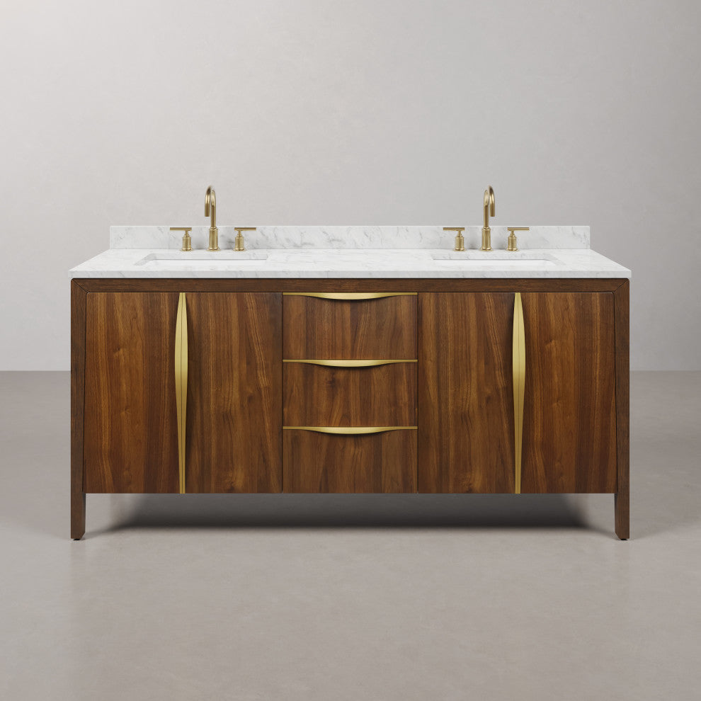 Ferrero Marble Top Bath Vanity, Nori Juglans, 72, Double Sink, Satin Gold Faucet
