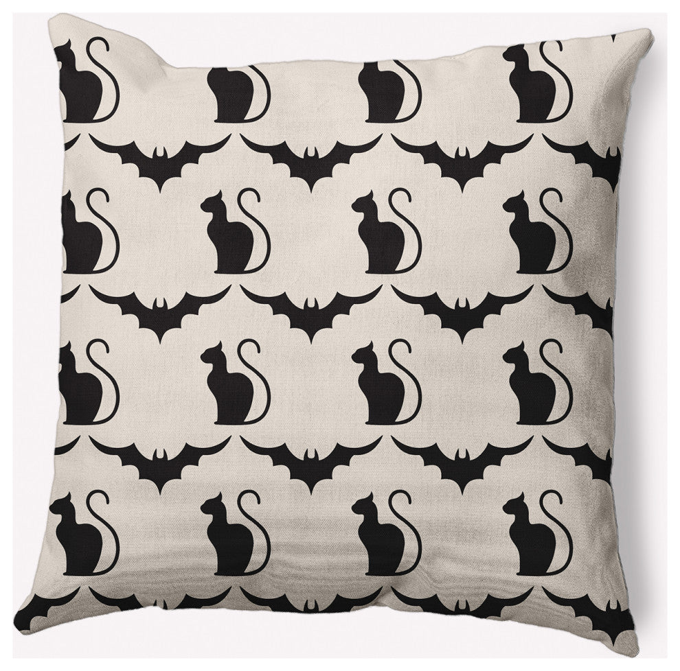 18" x 18" Cats and Bats Indoor/Outdoor Polyester Throw Pillow, Cream