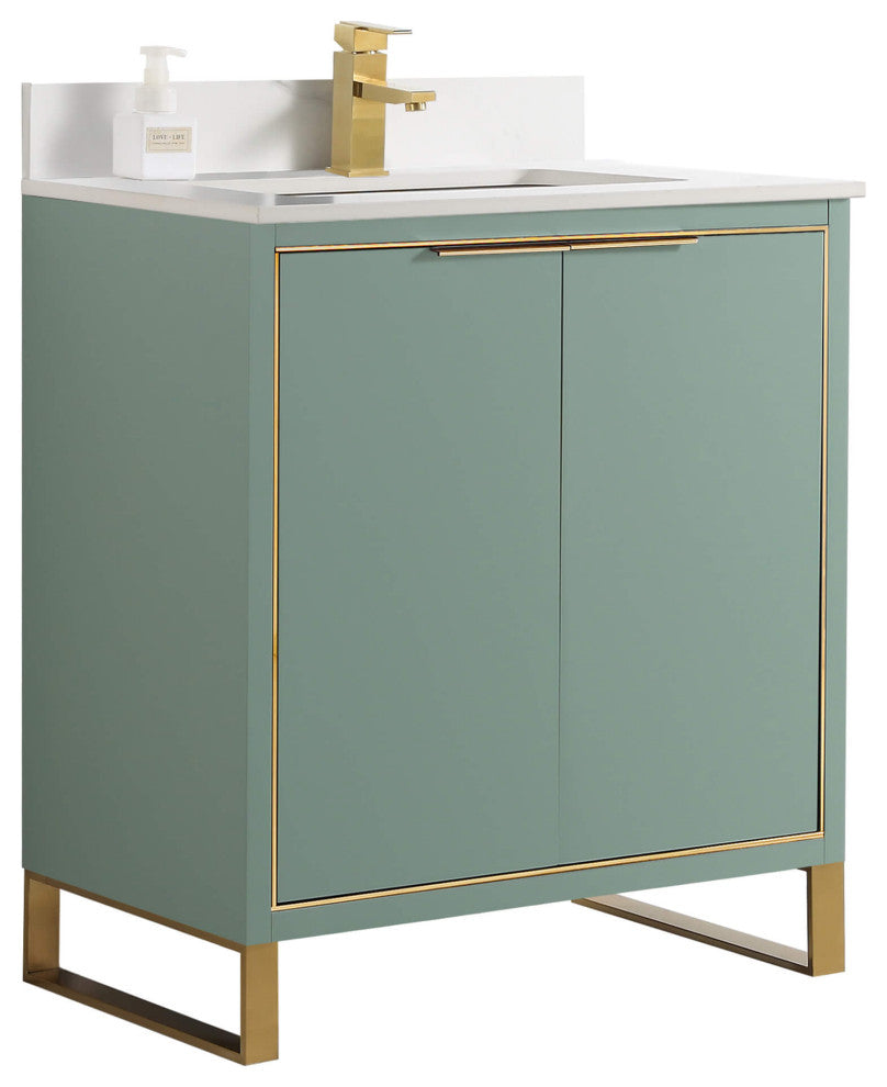 Opulence Bath Vanity, Mint Green, 30", Satin Brass Hardware, White Carrara Top