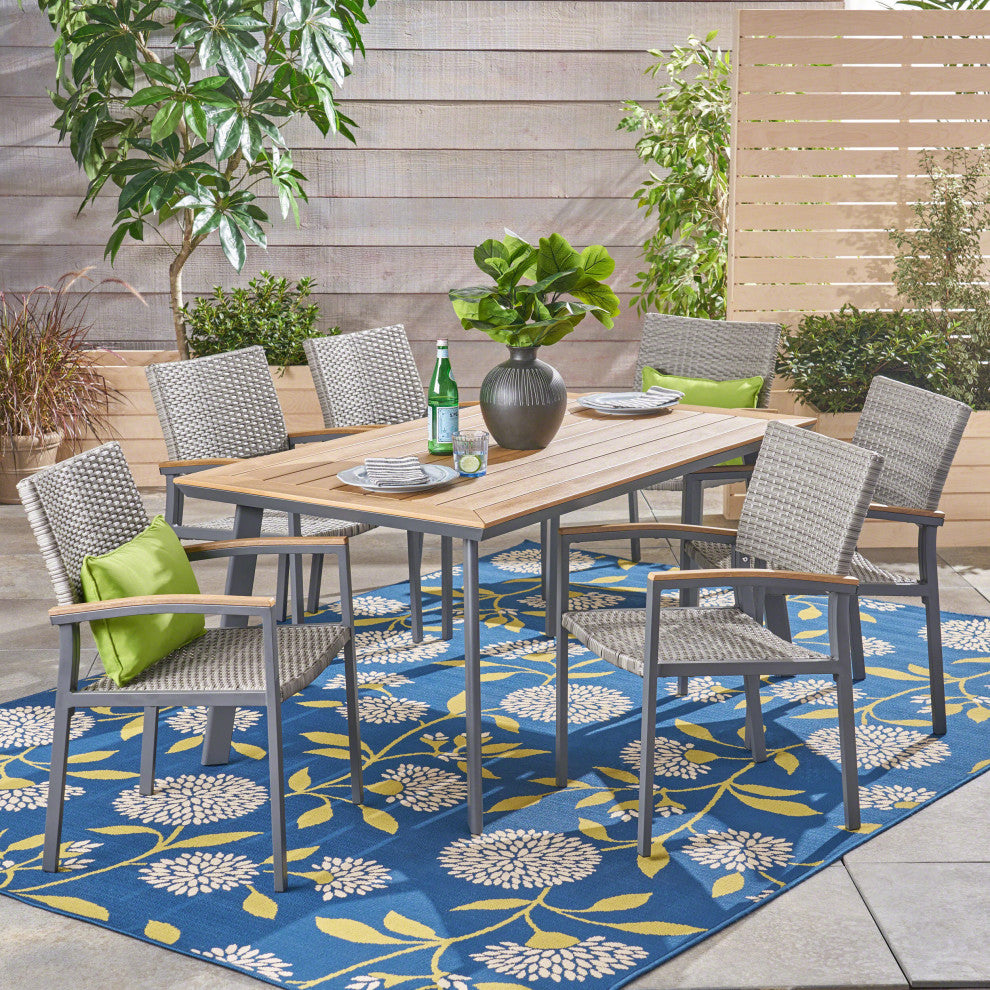 GDF Studio 7-Piece Simon Outdoor Dining Set With Wood Top, Natural /Gray