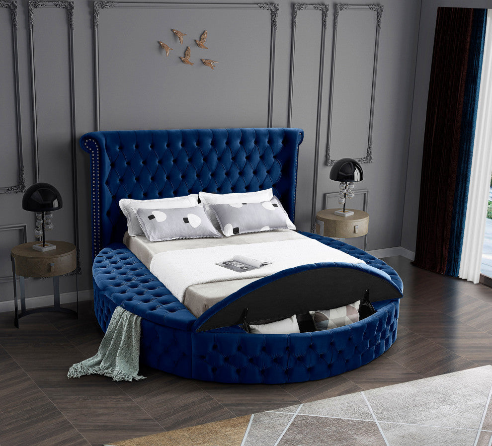Luxus Button Tufted Velvet Round Bed, Navy, King