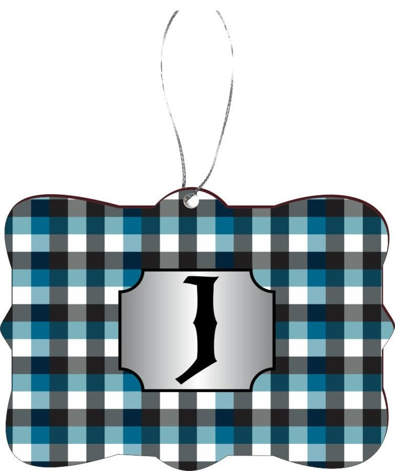 Letter J Blue Black Gray Monogram Design Rectangle Christmas Tree Ornament