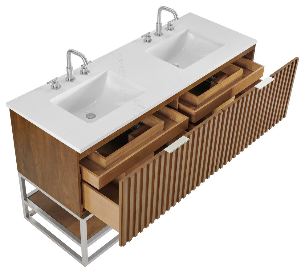 Terra Bathroom Vanity, Walnut/Brushed Nickel, 60", Calacatta Quartz Top