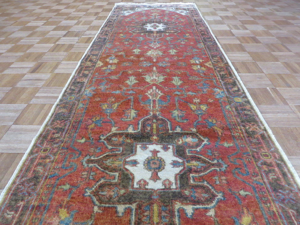 3x10 Runner Hand Knotted Rust Red Antiqued Serapi Heriz Oriental Rug