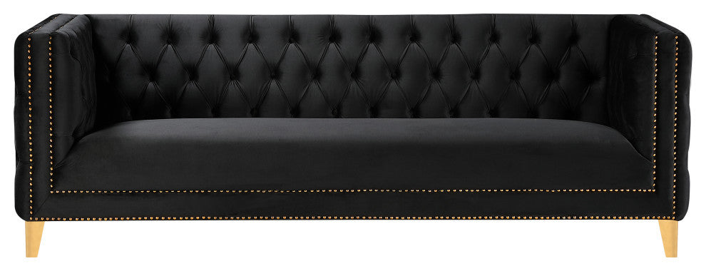 Michelle Fabric Upholstered Chair, Gold Iron Legs, Black, Velvet, Sofa