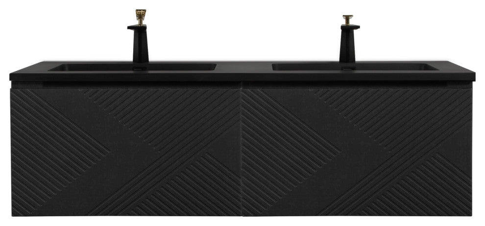 Matte Black Wall Mount Bath Vanity, Integrated Sink, Black Sink, 60" Double Sink