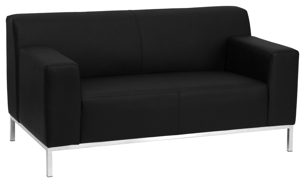 Modern Contemporary Black Leather Loveseat With Stainless Steel Frame