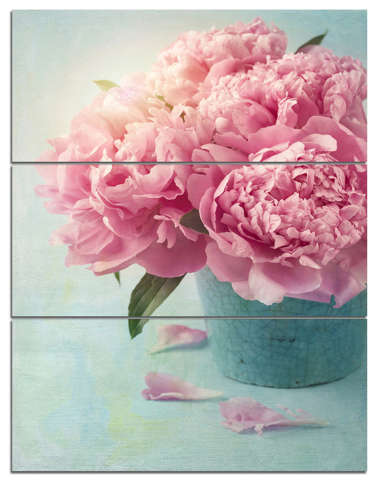 "Pink Peony Flowers in Vase" Metal Wall Art, 3 Panels, 28"x36"