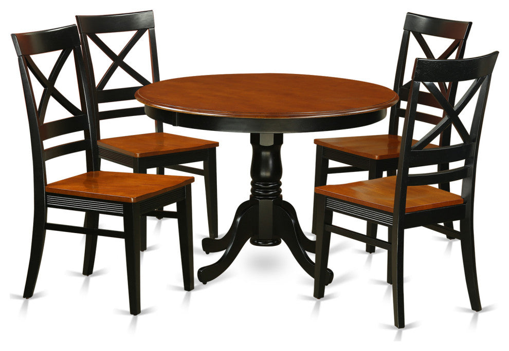 5 Pc Set, Round Dinette Table And 4 Leather Dinette Chairs In Black An