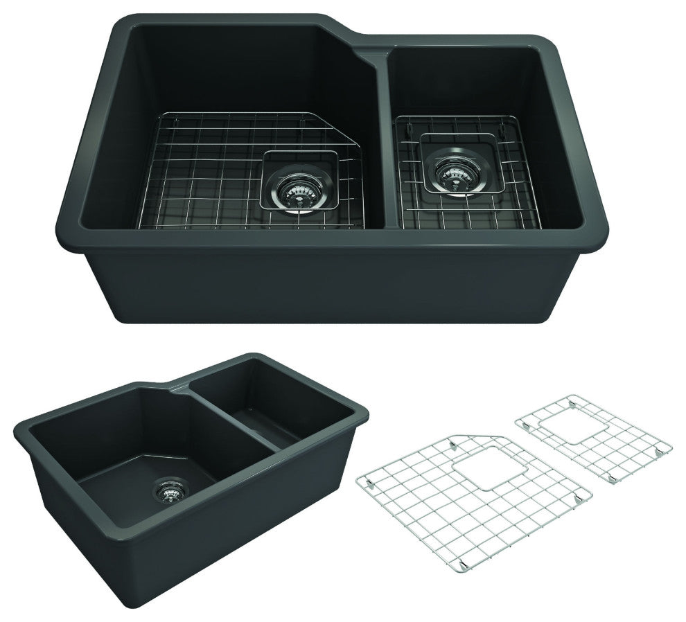 Sotto Dual-Mount Fireclay 33" 60/40 Double Bowl Kitchen Sink in Matte Dark Gray