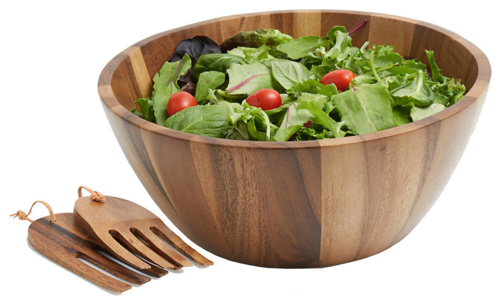Acacia Salad Bowl With Salad Serving Hands