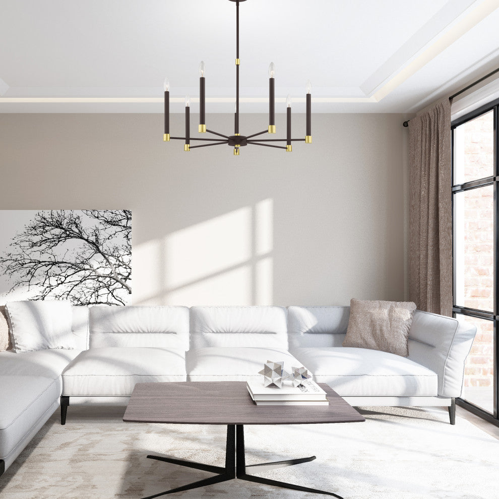 Karlstad Seven Light Chandelier, Bronze With Satin Brass Accents