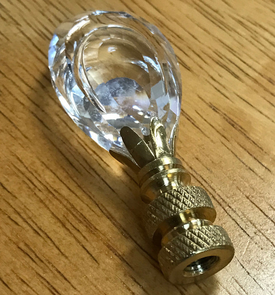 Flat Teardrop Shaped K9 Clear Crystal Lamp Finial With Polished Brass Base, Set