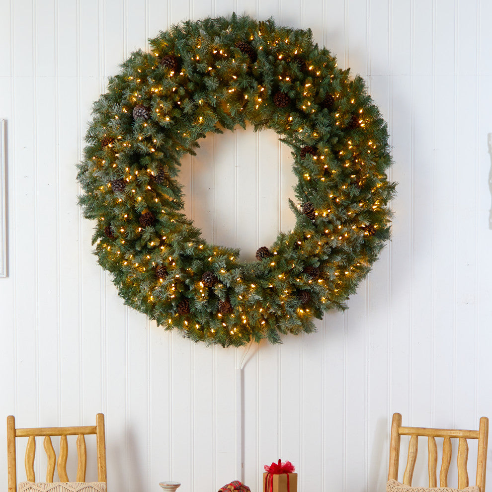5' Giant Flocked Faux Xmas Wreath W/ Pinecones, Clear Lights & Bendable Branches