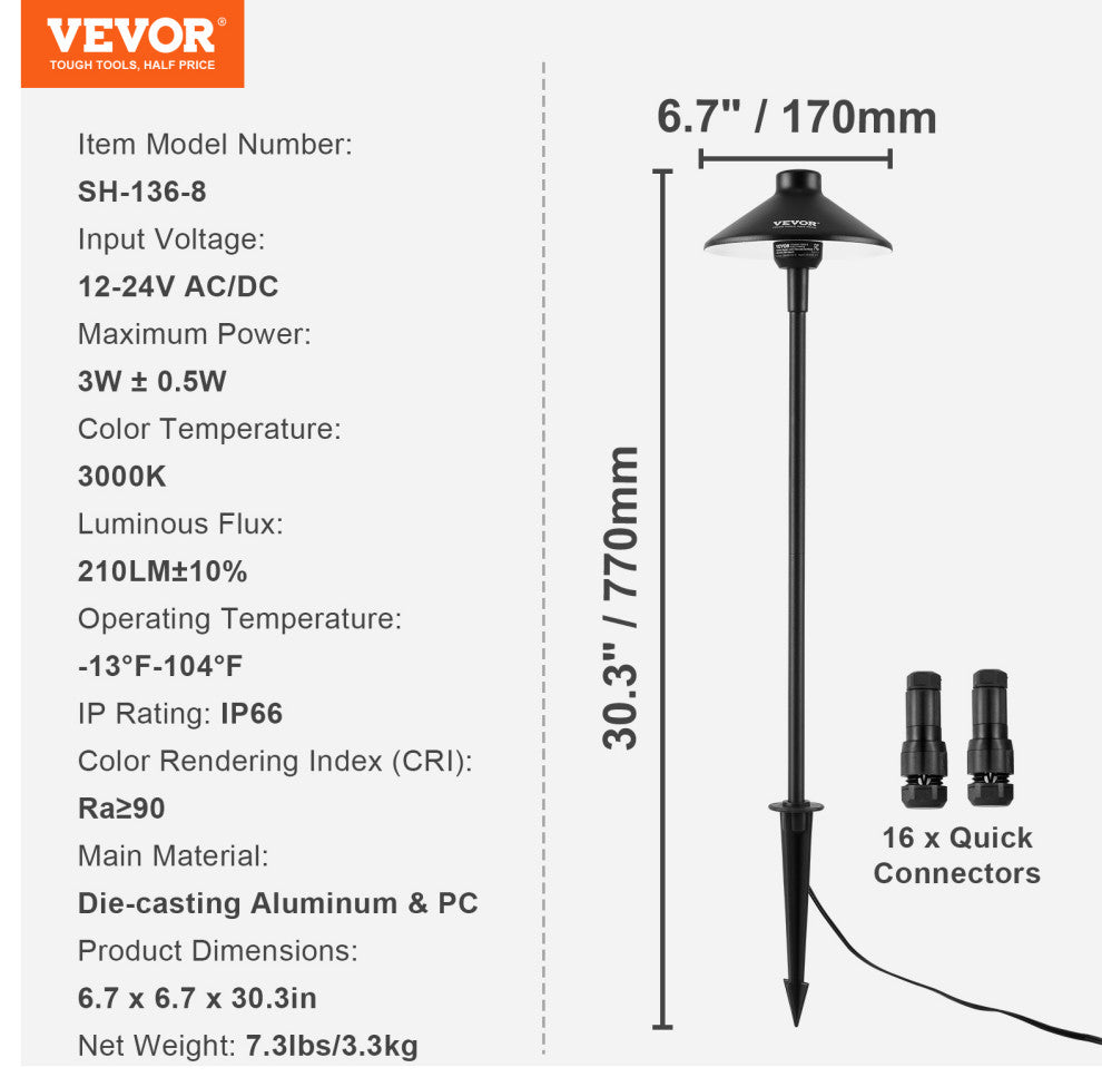 VEVOR 8 Pack Low Voltage Landscape Path Lights 12-24V Outdoor LED Pathway Lights
