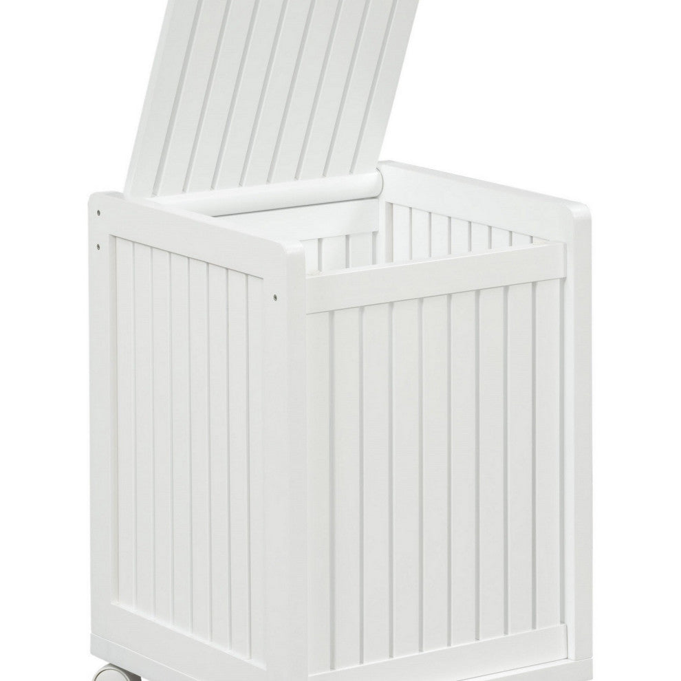 HomeRoots White Solid Wood Rolling Laundry Hamper With Lid