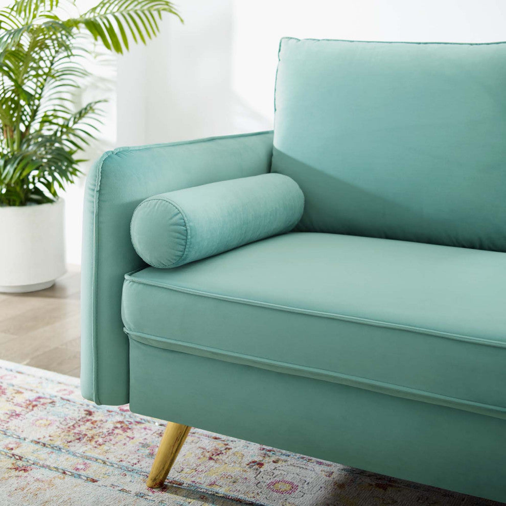 Loveseat Sofa, Velvet, Blue, Modern, Living Lounge Room Hotel Lobby Hospitality