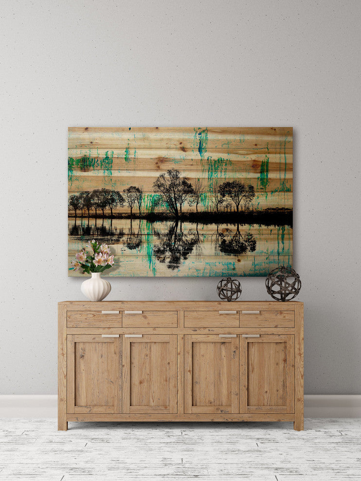 "Trees Reflect Green 2" Painting Print on Natural Pine Wood, 45"x30"