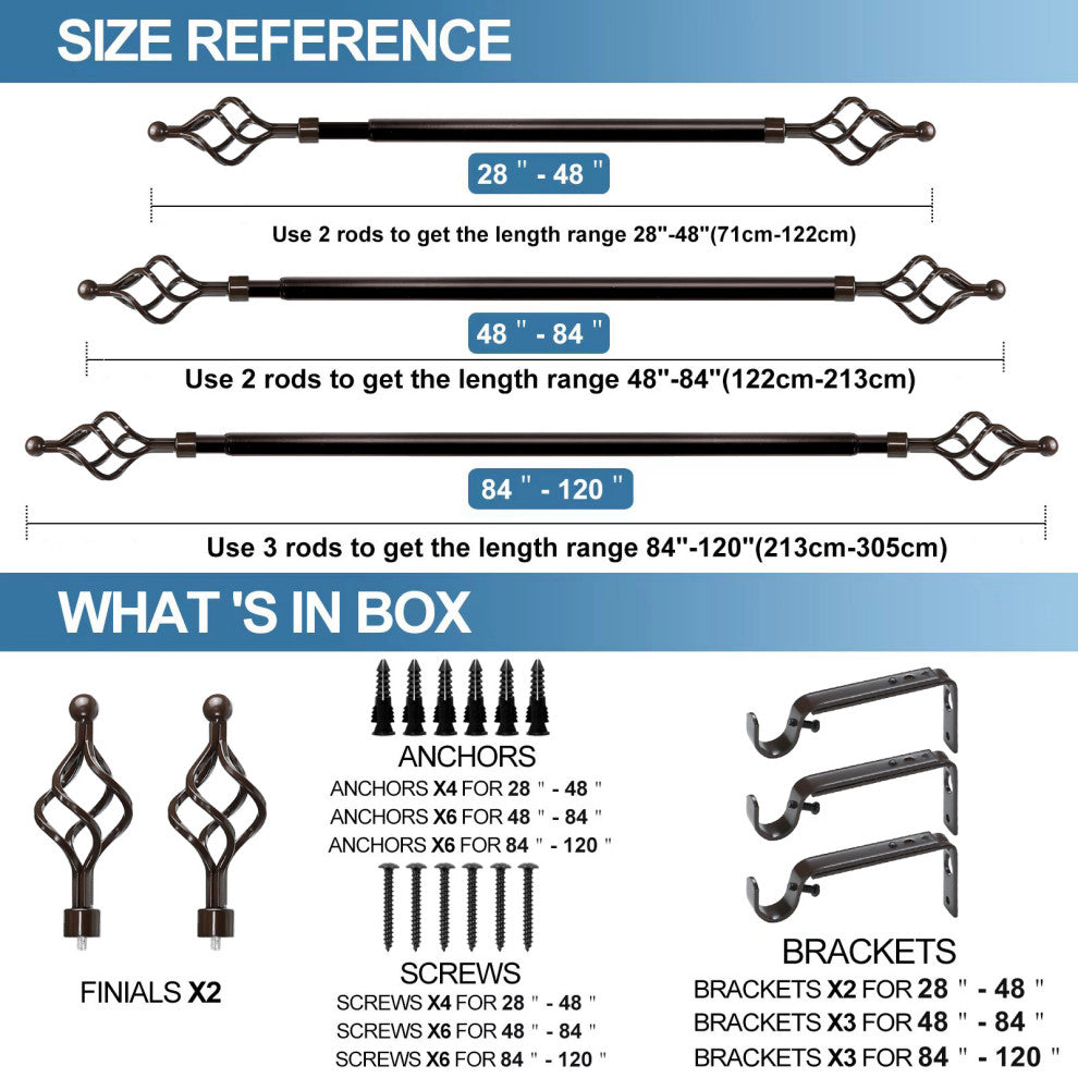 1" Birdcage Drapery Curtain Rod, Bronze, 28"-48"