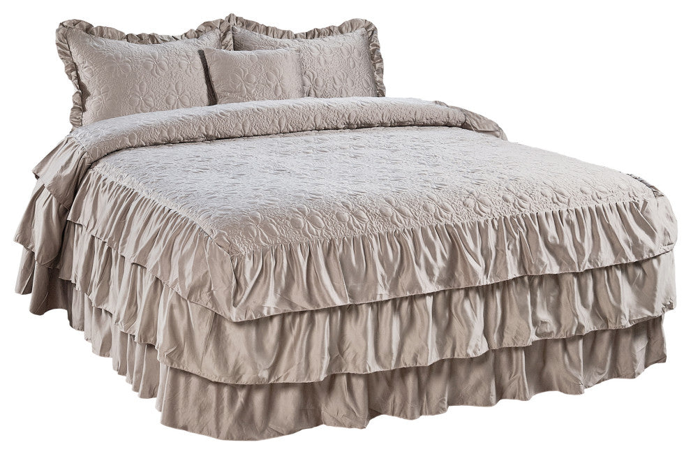 Matte Satin Ruffle 4 Piece Bed Spread Set, Taupe, King