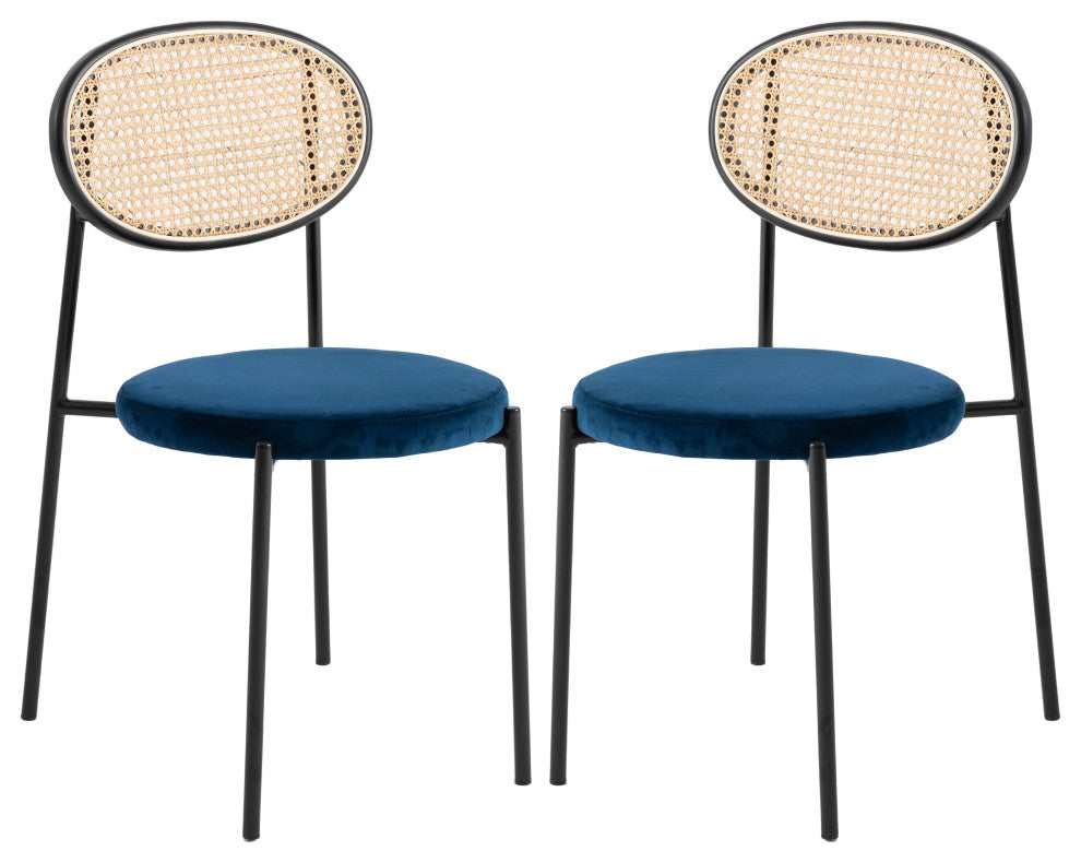 LeisureMod Euston Dining Chair with Wicker Back & Velvet Seat Set of 2, Navy Blue
