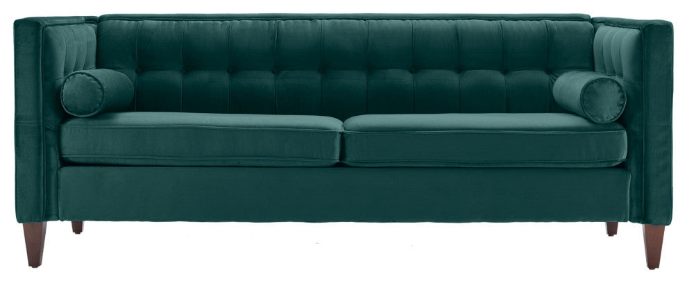 Teal Velvet Upholstered Sofa With Bolster Pillows