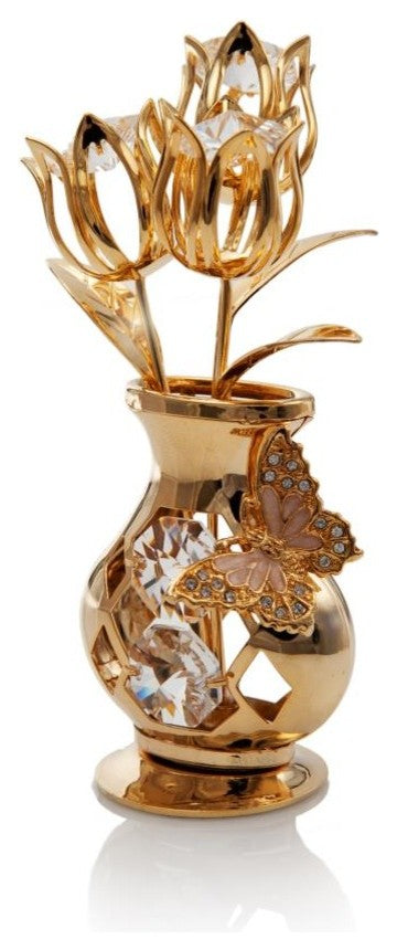 24K Gold Plated Crystal Flower Ornament in a Vase w/ Butterfly by Matashi