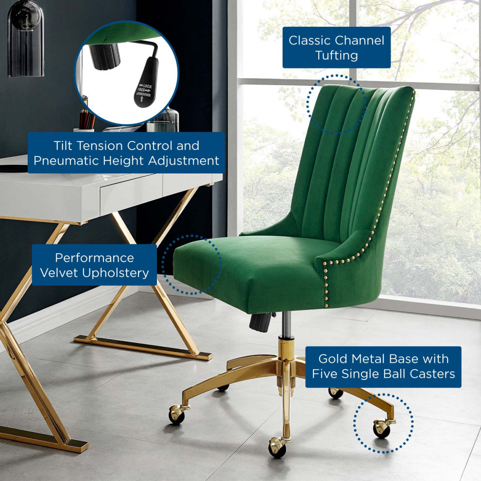 Computer Work Desk Tufted Chair, Velvet, Gold Green, Home Business Office