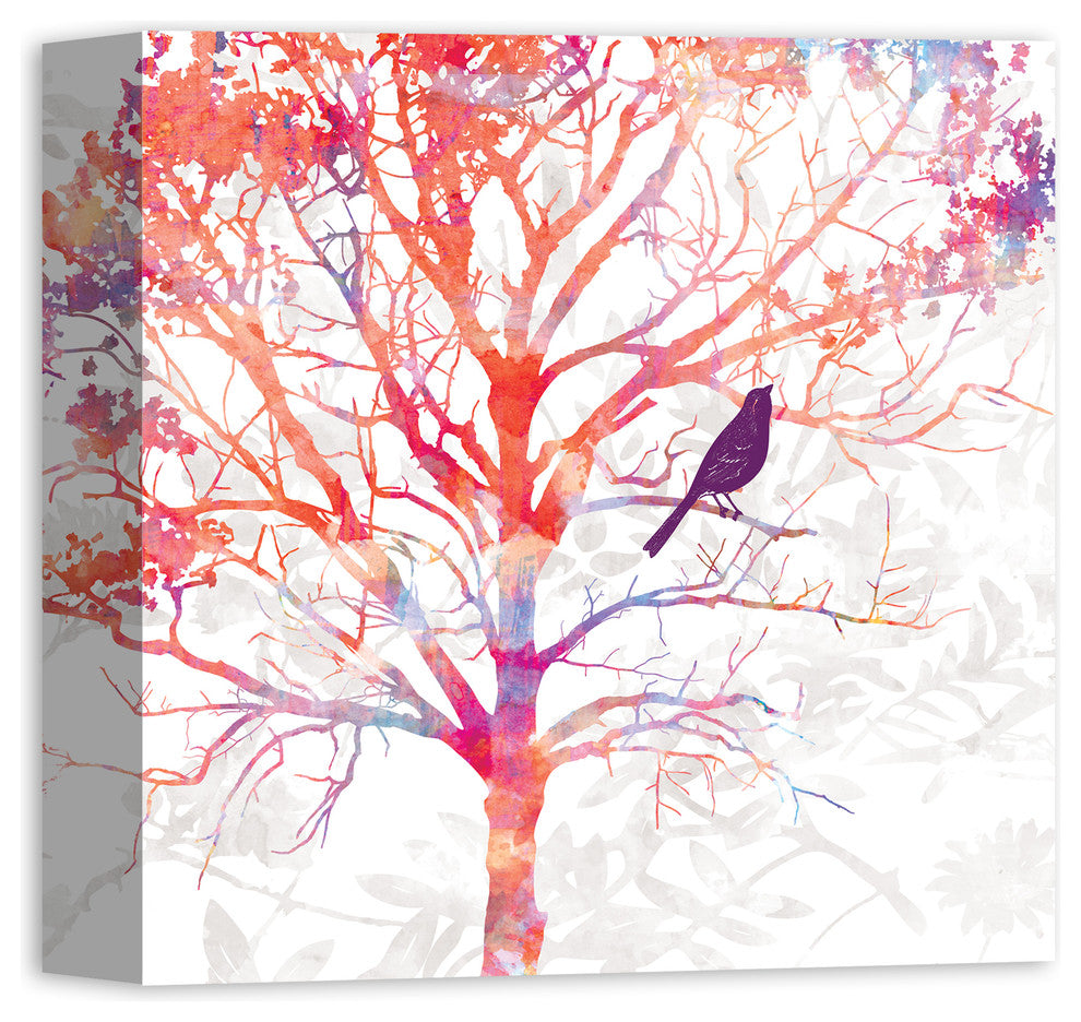 Watercolor Bird in Red Tree 12x12 Canvas Wall Art