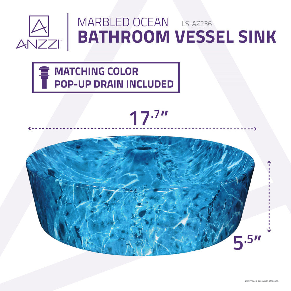 Marbled Series Ceramic Vessel Sink, Marbled Ocean Finish