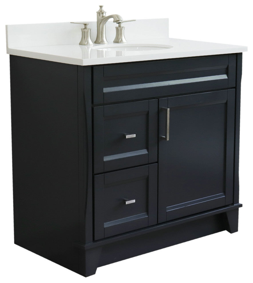 37" Single Sink Vanity, Dark Gray Finish With White Engineered Stone Top