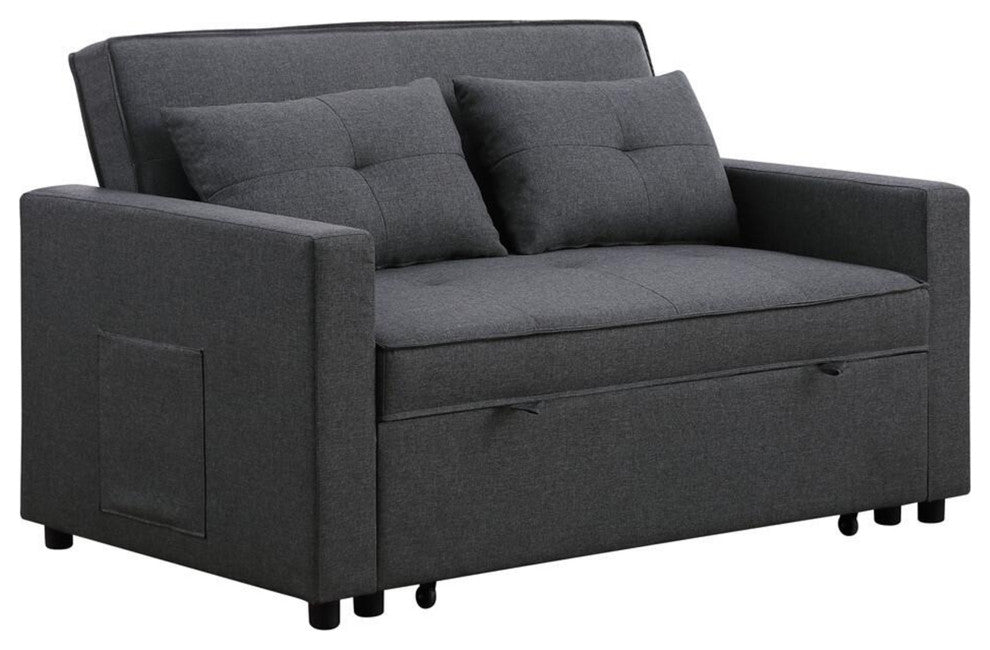 Benzara BM293178 Convertible Sleeper Loveseat With Side Pocket, Dark Gray Linen