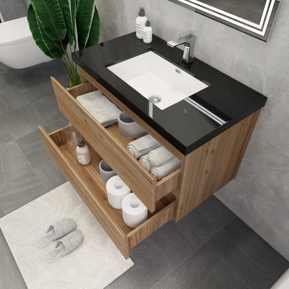 Belli 36" Wall Mounted Single Bathroom Vanity Set, Natural Oak, Matt Black Top