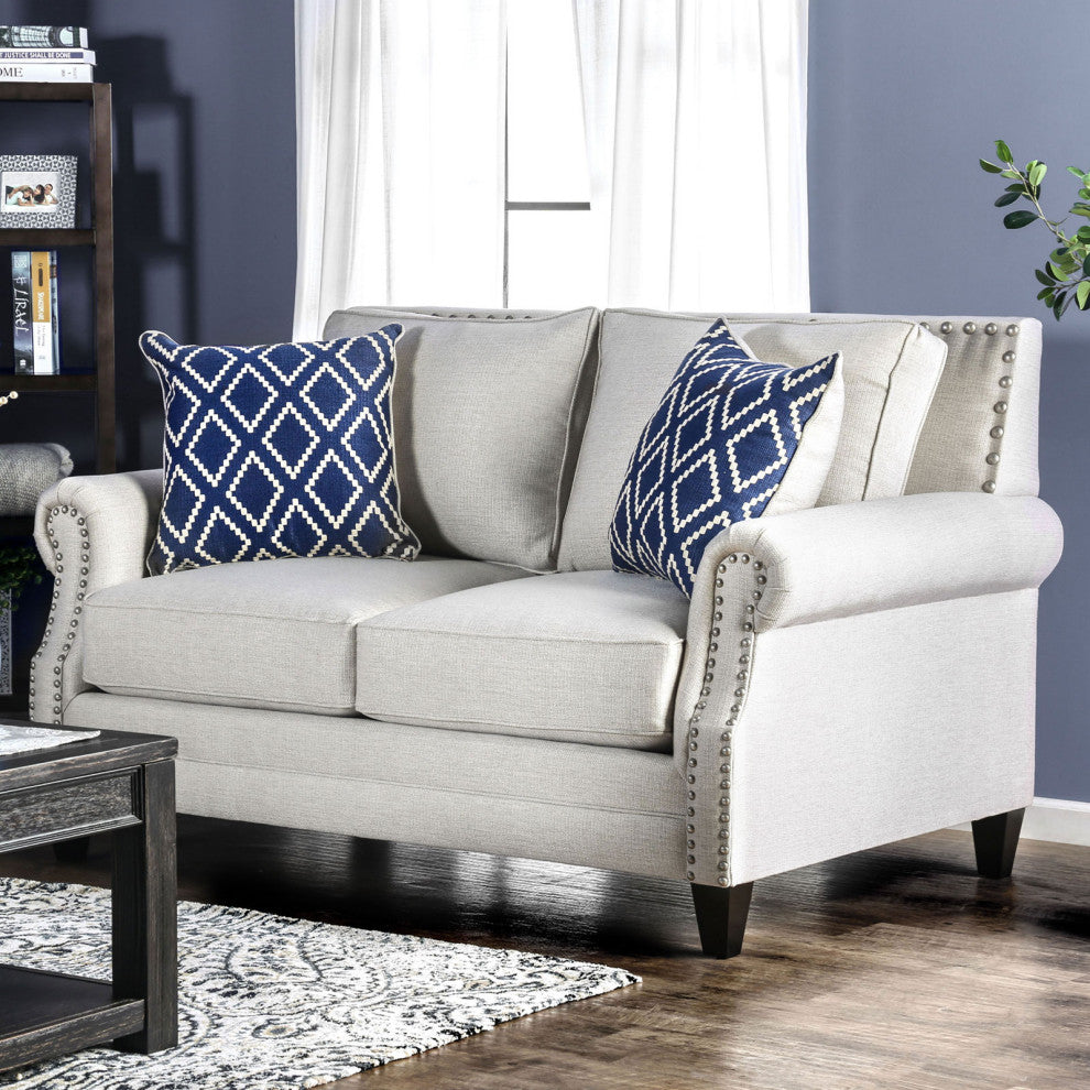 Linen-like Fabric Love Seat with Nailhead Trim Design, Beige