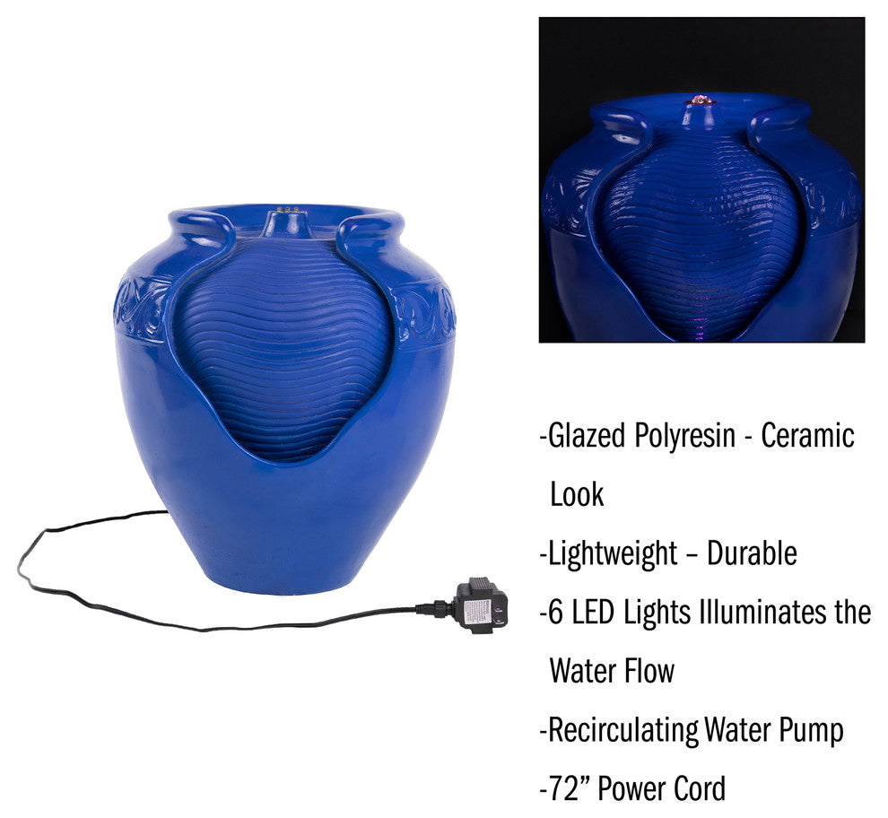 Pure Garden Resin Electric Glazed Jar Water Fountain, Blue