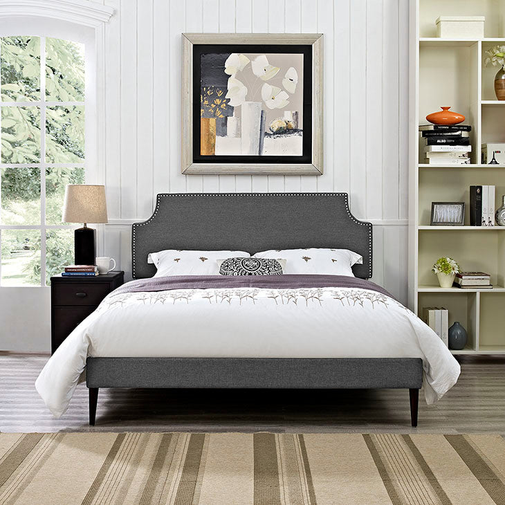 Modway Laura King Fabric Platform Bed With Round Tapered Legs, Gray