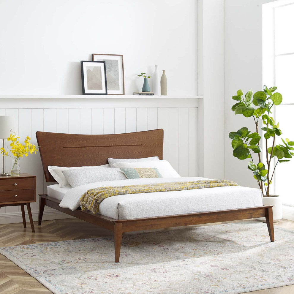 Platform Bed Frame, Full Size, Wood, Brown Walnut, Modern Mid-Century, Bedroom